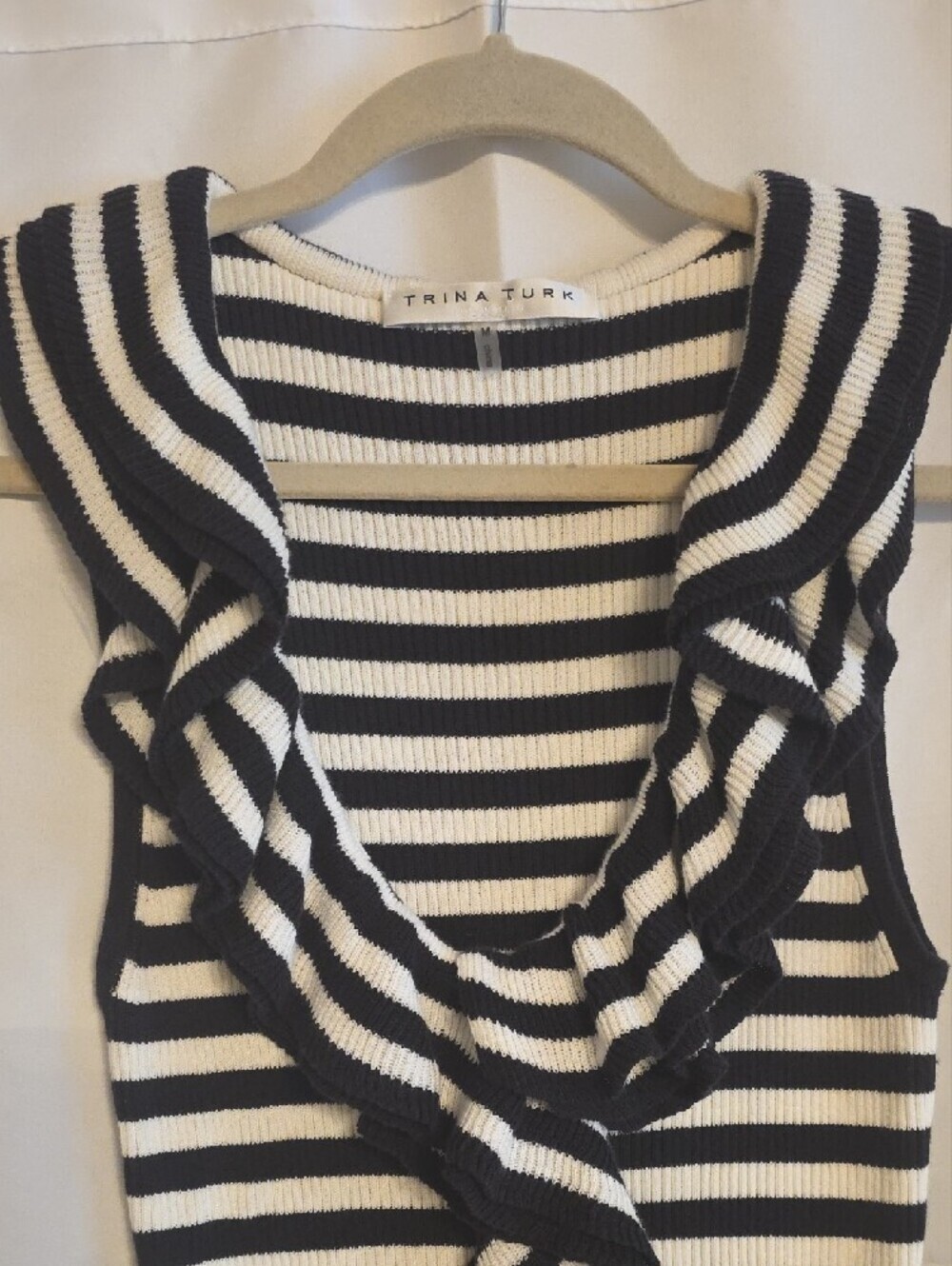 Trina Turk Black and White Striped Ruffle V-Neck Tank Top Size M Very Stretchy